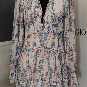 Cream Tie Front Tiered Sundress with Bishop Sleeves